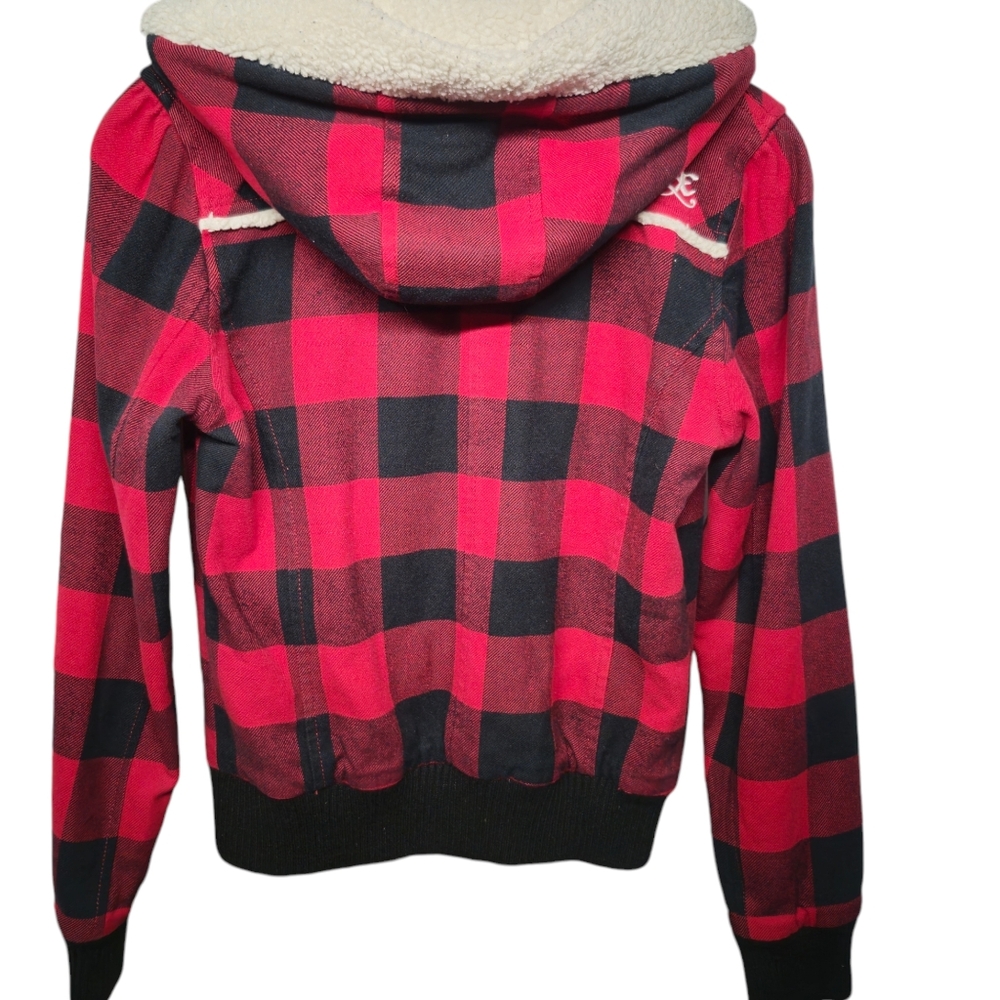 FOX Racing Girls Size Small Red and Black Plaid Faux Sheerling Jacket. - Picture 2 of 10